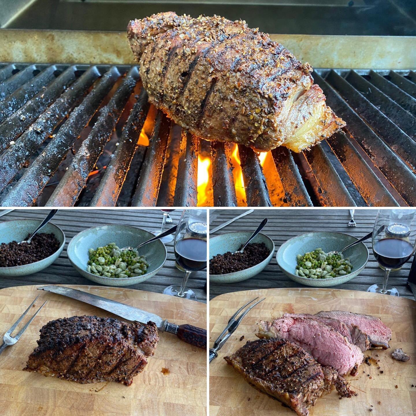Barbecued steak and salad served outdoors