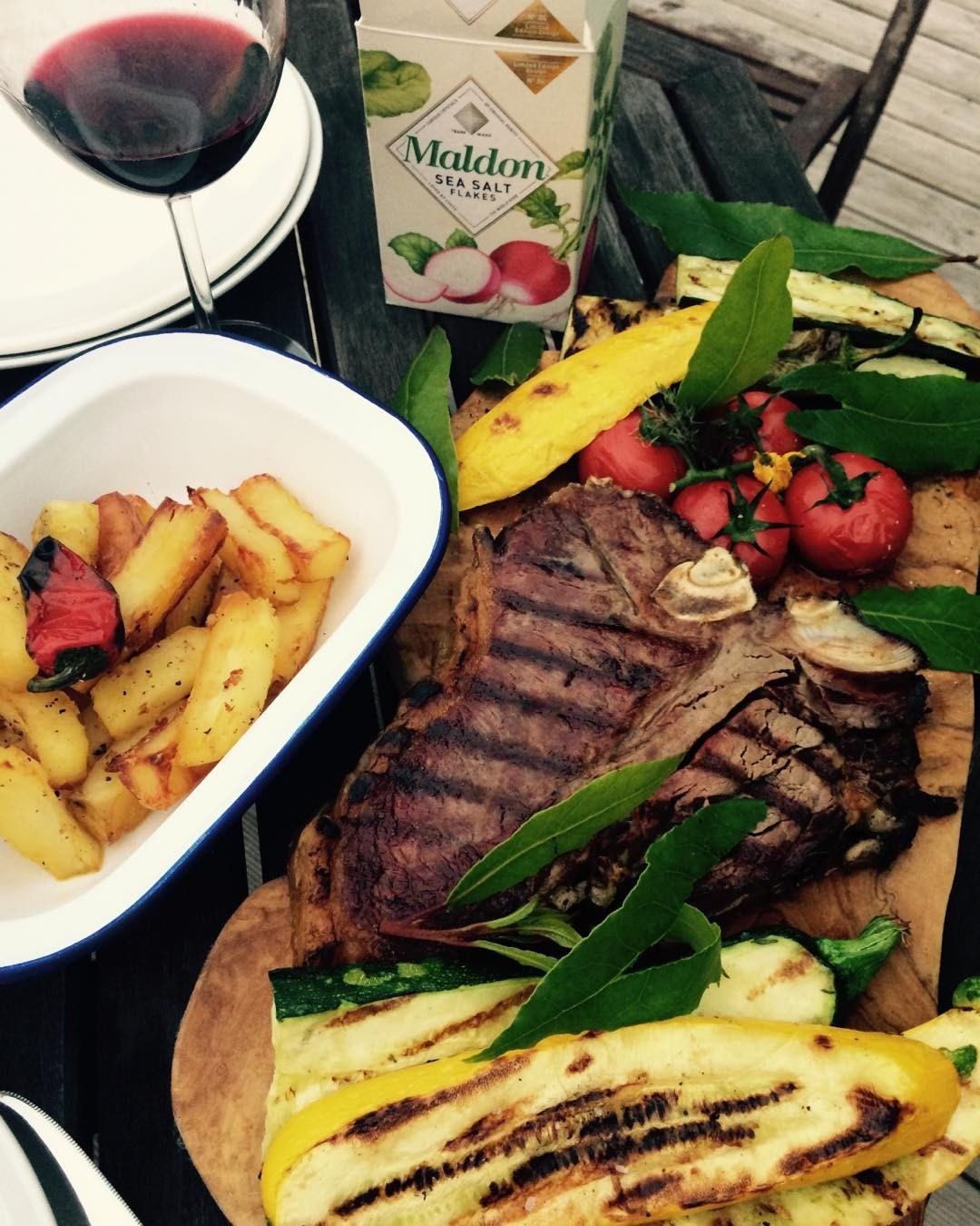 Cooked steak with vegetables and Maldon sea salt
